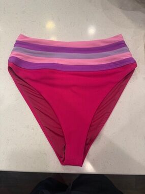 Beach Riot High Waist Bikini Bottom in Fuchsia with Pink and Purple Stripes